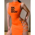 Orange sleeveless high neck lace-up high slit mini dress with cool letter print. - 6004 Orange