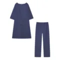 Casual katoen linnen set met onregelmatige lange mouwen top en broek in donkerblauwe kleur. - Donkerblauw