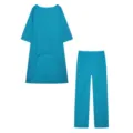 Katoen linnen casual plus size onregelmatige lange mouw top en wijde broek setje - Hemelsblauw