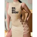 Beige sleeveless dress, sexy side cutout strap design with high slit and printed chest text. - 6004 Beige