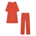 Dames katoen linnen casual lange mouw onregelmatige zoom top en wijde broek tweedelig set - Oranjerood