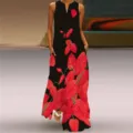 Robe longue sans manches pour femme élégante avec imprimé feuilles rouges et col en V. - Imprimé Feuille Rouge