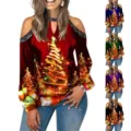 Detailed view of the women's Christmas cold shoulder long sleeve top featuring festive print. - S / Tops / Purple