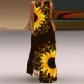 Vue détaillée de la robe longue sans manches à col V avec imprimé tournesol vibrant. - Imprimé Tournesol