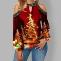 Christmas tree print cold shoulder long sleeve top festive party red blouse for women - S / Tops / Black
