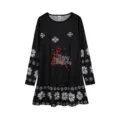 Christmas long sleeve black dress with cute snowflake and reindeer print for women. - S / Black