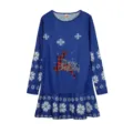 Blue long sleeve Christmas dress with reindeer snowflake print and ruffle hem details. - S / Blue
