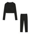 Black long sleeve crop top and pants set for women, casual slim fit two piece outfit. - Black