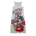 Robe longue sans manches col V avec imprimé graphique pop art pour femme chic. - Imprimé de Lettres Blanches