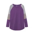Women long sleeve colorblock t-shirt with leopard and striped details casual crewneck top - Purple