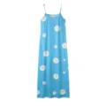 Blue long slip dress featuring all-over white daisy print and delicate spaghetti straps. - Cyan