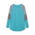 Teal long sleeve t-shirt detail showing colorblock striped and leopard raglan sleeves. - Lake Blue