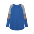 Women long sleeve colorblock t shirt casual striped leopard patch round neck top fall fashion - Blue