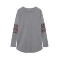 Grey long sleeve t-shirt featuring stylish striped and leopard print patchwork design. - Light Gray