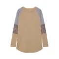 Women's long sleeve colorblock casual striped leopard patch crewneck t-shirt top style - Khaki