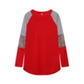 Women casual color block long sleeve t-shirt featuring striped and leopard print sleeves. - Bright Red