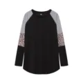 Details of women colorblock long sleeve t-shirt featuring stripe and leopard print. - S / Tops / Black