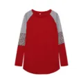 Detailed view of women's colorblock long sleeve t-shirt with leopard and striped sleeves. - S / Tops / Burgundy