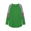 Women's long sleeve raglan t-shirt featuring striped and leopard color block sleeves. - Green