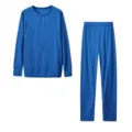 Vista dettagliata top maniche lunghe e pantaloni blu, tessuto loungewear tinta unita. - Taglia S / Top e Pantaloni / Blu