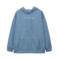 Women fleece hoodie detail view featuring chest letter embroidery, drawstring and kangaroo pocket. - Sky Blue