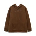 Brown fleece hoodie for women with cozy hood, kangaroo pocket and letter print style. - Khaki
