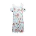 Detail view of the light blue floral cold shoulder dress with delicate white lace straps. - S / Dresses / Sunflower