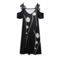 Black off-shoulder short sleeve dress with lace trim and abstract floral print for women. - S / Dresses / Black