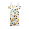 Detail of off-shoulder women dress featuring sunflower print and elegant white lace trim accents. - S / Dresses / Sunflower