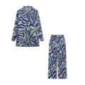 Bleu beige imprimé abstrait chemise manches longues pantalon ensemble mode streetwear - Rayures Bleu Foncé