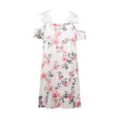 Summer casual cold shoulder floral print short sleeve lace trim women midi dress stylish - S / Dresses / Pink