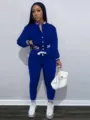 Completo tuta casual da donna giacca da baseball con bottoni monocolore e pantaloni sportivi - Blu
