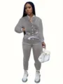 Tuta sportiva casual da donna giacca bomber tinta unita e pantaloni per autunno. - Taglia S / Top e Pantaloni / Grigio