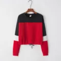 Gedetailleerd overzicht van dames sweater colorblock lange mouw met verstelbaar trekkoord. - S / Tops / Rood