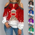 Navidad reno hombro descubierto top manga larga camiseta mujer cuello redondo casual - S / Tops / Negro