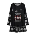 Weihnachten Langarmkleid Detailansicht mit schwarzem Zwerg und Schneeflocken festlichem Druck. - S / Kleider / Schwarz