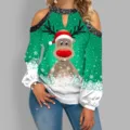 Top de manga larga con hombros descubiertos y estampado de reno navideño con brillo. - S / Tops / Verde