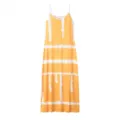 Primer plano del patrón de rayas amarillas y blancas, los tirantes finos y el dobladillo maxi. - S / Vestidos / Amarillo