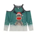 Detailed view of the Christmas cold shoulder long sleeve green top with cute reindeer print. - S / Tops / Green