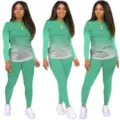 Gedetailleerd overzicht van de stijlvolle gradiënt top met lange mouwen en leggings. - Lichtgroen