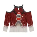 Christmas reindeer print cold shoulder long sleeve detail view of women festive top. - S / Tops / Red