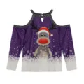 Charming Christmas reindeer print cold shoulder long sleeve top for women casual wear. - S / Tops / Purple