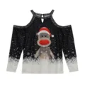 Christmas reindeer print cold shoulder long sleeve top, casual winter women clothing item. - S / Tops / Black