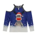 Christmas reindeer print cold shoulder long sleeve blue top women casual winter tee shirt - Blue