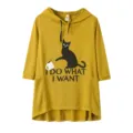 Details of yellow plus size knit hoodie featuring cute black cat print and casual hood design. - 2XL / Tops / Yellow