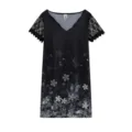 Schwarzes Blumen-Druck V-Ausschnitt Kurzarm Kleid mit elegantem Spitzensaum für Damen. - S / Kleider / Grau