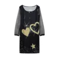 Detailed view of women's black long sleeve mesh spliced dress featuring sparkling gold heart prints. - S / Dresses / Gold Heart