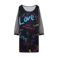 Black long sleeve dress featuring sheer mesh sleeves and colorful Love print on galaxy style fabric. - S / Dresses / LOVE Letter Print