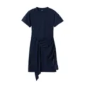 Navy blue short sleeve dress detail, featuring elegant waist tie and ruched asymmetric hem. - S / Dark Blue