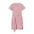 Pink short sleeve crew neck dress detail featuring a chic waist tie and side ruching. - Pink